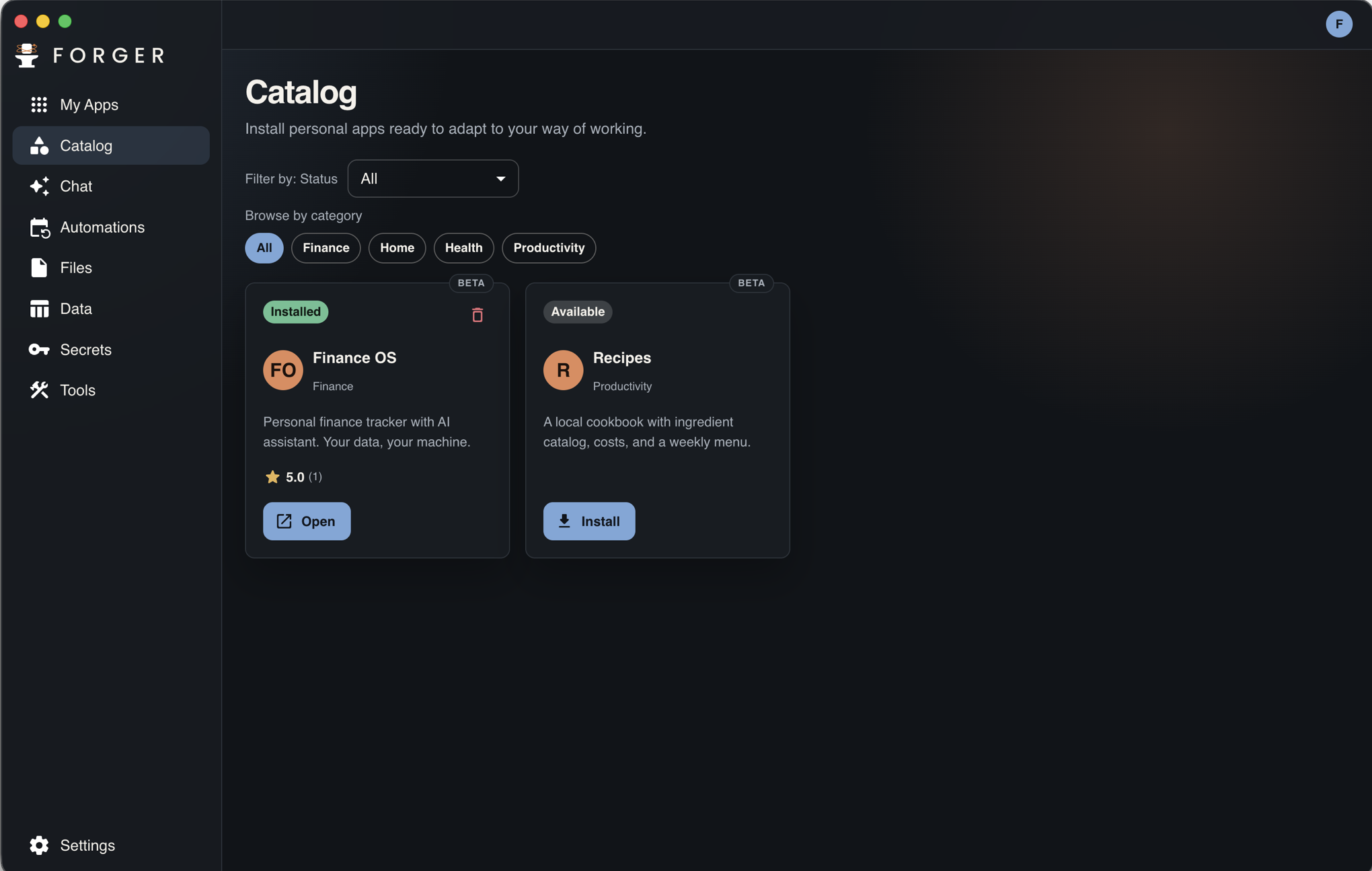 Forger Desktop catalog showing installable local apps including Finance OS and Recipes.