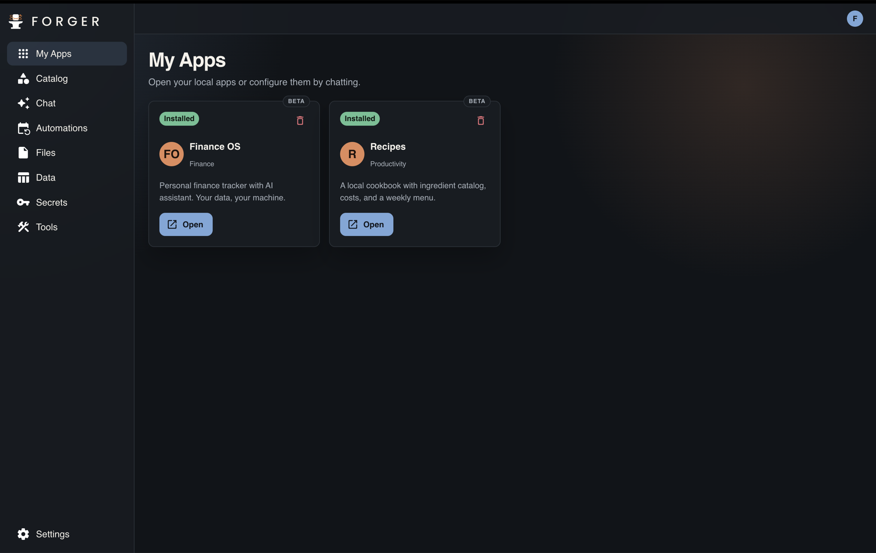 A real screenshot of Forger showing apps installed on a person’s computer.