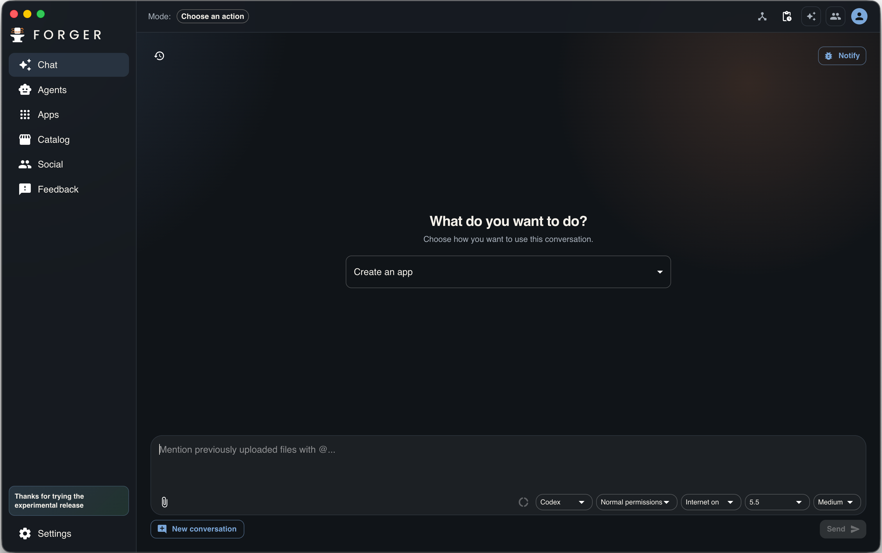 Forger Desktop showing a local app workspace with intelligent agent actions.